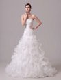 White Strapless Neckline Beading and Appliques and Ruffles and Ruching Wedding Gown Sleeveless Lace Up