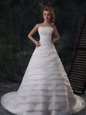 Beautiful White Wedding Gown Wedding Party and For with Beading and Appliques and Ruffled Layers Strapless Sleeveless Brush Train Lace Up