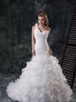 Customized Mermaid One Shoulder Ruffled White Organza Lace Up Bridal Gown Sleeveless With Brush Train Ruffles and Ruching and Hand Made Flower