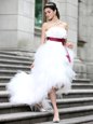 Latest White Column/Sheath Ruffles and Belt and Hand Made Flower Wedding Dresses Zipper Organza Sleeveless High Low