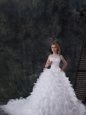 Traditional White Scoop Lace Up Beading and Ruffles Bridal Gown Chapel Train Sleeveless