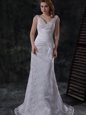 Chic V-neck Sleeveless Brush Train Lace Up Wedding Gown White Lace