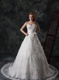Low Price White Lace Lace Up Sweetheart Sleeveless Wedding Dresses Court Train Beading and Appliques and Hand Made Flower
