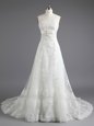 With Train Column/Sheath Sleeveless White Wedding Dresses Court Train Lace Up
