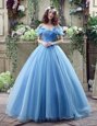 Organza Off The Shoulder Sleeveless Lace Up Ruching and Bowknot Bridal Gown in Blue