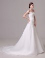 Off the Shoulder White Clasp Handle Bridal Gown Beading and Appliques and Ruching Sleeveless Court Train