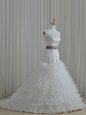 White Wedding Dresses Wedding Party and For with Beading and Ruffles and Belt Strapless Sleeveless Lace Up