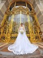Beautiful White Organza Lace Up Sweetheart Sleeveless With Train Wedding Dresses Brush Train Beading and Lace and Appliques