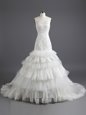 Mermaid Ruffled White Sleeveless Tulle and Lace Court Train Lace Up Wedding Dresses for Wedding Party