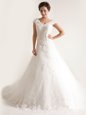 Hot Sale White A-line Tulle V-neck Cap Sleeves Lace and Appliques With Train Lace Up Wedding Dress Chapel Train