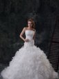 Fine Sleeveless Brush Train Ruffles and Ruching Lace Up Wedding Dresses