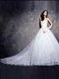 Cap Sleeves With Train Beading and Appliques Lace Up Wedding Gowns with White Court Train