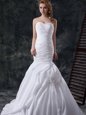 Great White Mermaid Ruching and Pick Ups and Hand Made Flower Wedding Gown Lace Up Taffeta Sleeveless With Train