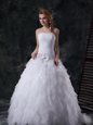 With Train White Wedding Dress Tulle Brush Train Sleeveless Beading and Ruffles and Ruching and Hand Made Flower
