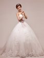 Sequins Tulle and Lace Sleeveless Floor Length Wedding Dresses and Lace and Appliques and Ruching and Belt