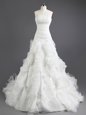 Hot Selling White A-line Organza Strapless Sleeveless Beading and Ruffles With Train Lace Up Wedding Gowns Court Train