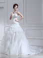 White A-line One Shoulder Sleeveless Organza and Tulle With Brush Train Lace Up Ruffles and Ruching and Pick Ups Wedding Dresses