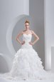 Simple Ruffled White Lace Up Bridal Gown Beading and Ruffles Sleeveless With Brush Train