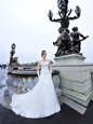 Short Sleeves With Train Beading and Lace and Appliques Lace Up Bridal Gown with White Sweep Train