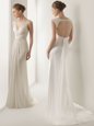 Enchanting White Empire V-neck Sleeveless Chiffon With Brush Train Backless Ruching Bridal Gown