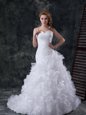 White Lace Up Bridal Gown Beading and Appliques and Ruffles Sleeveless With Brush Train