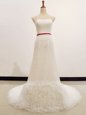 White Zipper Wedding Dress Lace Sleeveless Sweep Train