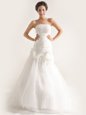 Beautiful White Mermaid Lace and Ruching and Hand Made Flower Wedding Dress Zipper Tulle Sleeveless