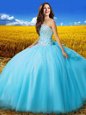 Strapless Sleeveless Lace Up Ball Gown Prom Dress Aqua Blue Tulle