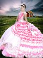 One Shoulder Sleeveless Floor Length Beading and Embroidery and Ruffled Layers Lace Up Quinceanera Gown with Pink And White