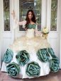 Trendy White Sleeveless Floor Length Beading and Ruffles and Hand Made Flower Lace Up 15th Birthday Dress