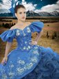 Off The Shoulder Short Sleeves Sweet 16 Quinceanera Dress Floor Length Appliques and Ruffles Blue Organza