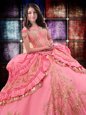 Suitable Watermelon Red Ball Gowns Taffeta Off The Shoulder Sleeveless Beading and Embroidery and Ruffled Layers Floor Length Lace Up Sweet 16 Dress