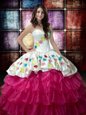 Fuchsia Sweetheart Lace Up Embroidery and Ruffled Layers 15th Birthday Dress Sleeveless
