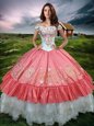 Off the Shoulder Watermelon Red Lace Up Quinceanera Gown Embroidery and Ruffled Layers Sleeveless Floor Length