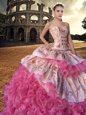 Deluxe With Train Pink And White Sweet 16 Dress Sweetheart Sleeveless Court Train Lace Up