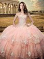 Sleeveless Floor Length Beading and Embroidery Lace Up Sweet 16 Dresses with Peach