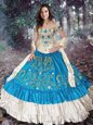 Off the Shoulder Teal Ball Gowns Embroidery and Ruffled Layers Sweet 16 Dresses Lace Up Taffeta Cap Sleeves