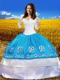 Blue And White Off The Shoulder Lace Up Lace and Embroidery 15 Quinceanera Dress 3|4 Length Sleeve