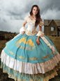 Nice Off the Shoulder Blue And White Lace Up 15 Quinceanera Dress Lace and Embroidery and Ruffled Layers Short Sleeves Floor Length