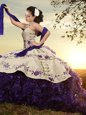 Traditional Sleeveless Organza and Taffeta With Brush Train Lace Up Vestidos de Quinceanera in White And Purple for with Embroidery and Ruffles