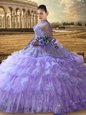 Beautiful Ruffled Floor Length Lavender 15th Birthday Dress High-neck Long Sleeves Lace Up