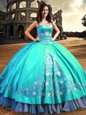Cute Sleeveless Taffeta Floor Length Lace Up Quinceanera Dress in Aqua Blue for with Embroidery