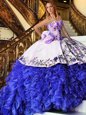 Dynamic Blue And White Ball Gowns Appliques and Embroidery Quinceanera Dresses Lace Up Organza Sleeveless Floor Length