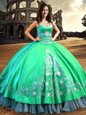 Nice Turquoise Vestidos de Quinceanera Military Ball and Sweet 16 and Quinceanera and For with Lace and Embroidery Off The Shoulder Sleeveless Lace Up