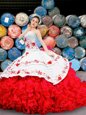 Sleeveless Organza Floor Length Lace Up Ball Gown Prom Dress in White And Red for with Appliques and Embroidery and Ruffles