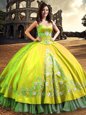 Adorable Yellow Green One Shoulder Lace Up Lace and Embroidery Vestidos de Quinceanera Sleeveless