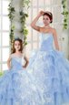 New Arrival Strapless Sleeveless Quinceanera Gowns Floor Length Embroidery and Ruffled Layers Blue Organza