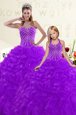 Delicate Fuchsia Lace Up Quinceanera Dress Beading and Ruffles Sleeveless Floor Length