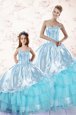 Cute Baby Blue Sleeveless Floor Length Embroidery and Ruffled Layers Zipper Quinceanera Dresses