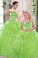 Sleeveless Organza Floor Length Lace Up Quinceanera Dresses in Apple Green for with Beading and Ruffles